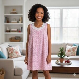 Simply Basic Vintage Nightgown Womens 1X Pink Cherry Gingham Pajamas Sleepwear